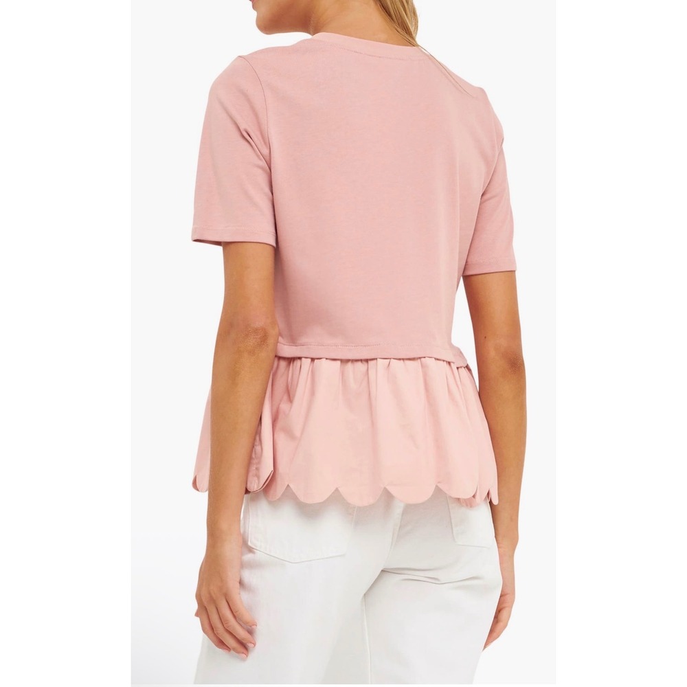 ENGLISH FACTORY Pink Scallop Trim Peplum Top Short Sleeve Crew Neck Women Size S - Picture 2 of 7